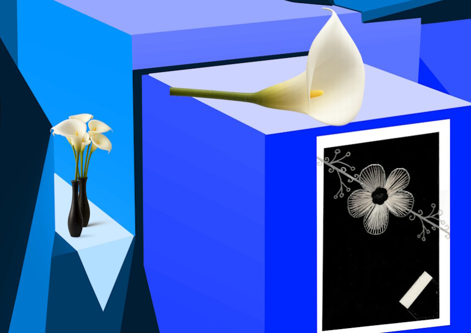 Kalender, Mit Rilke durch das Jahr, Grußkarte, Fadendesign, blau, Perspektive, Geometrie, geometrische Figuren, Adventskranz, Adventskerzen, Blüte des Lebens, Calla, schwarze Vase, Trauer,