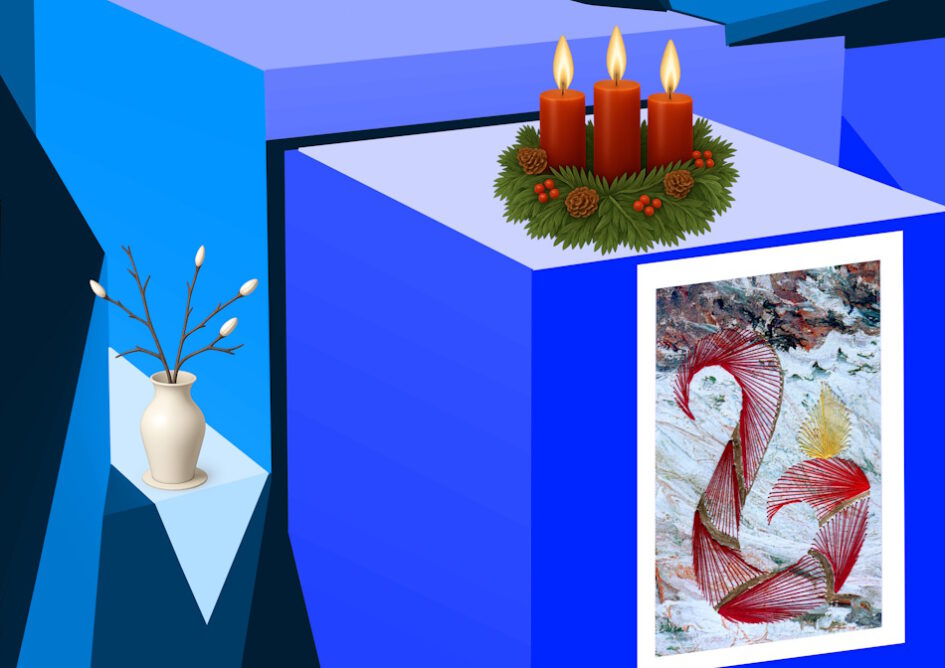 Kalender, Mit Rilke durch das Jahr, Grußkarte, Fadendesign, blau, Perspektive, Geometrie, geometrische Figuren, Adventskranz, Adventskerzen, Kirschzweig, Dritter Advent, Candle in the Snow,
