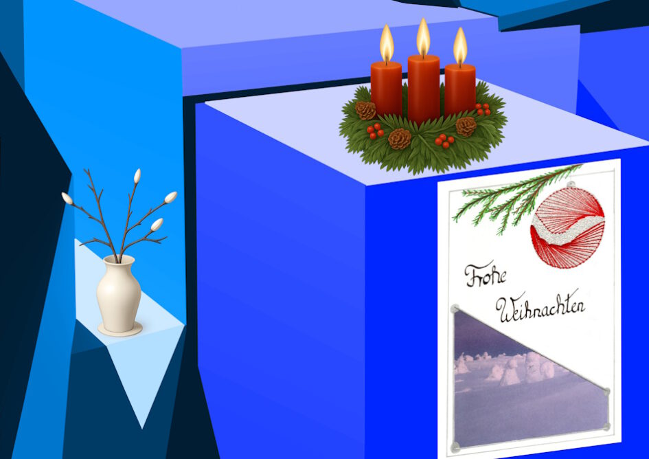 Kalender, Mit Rilke durch das Jahr, Grußkarte, Fadendesign, blau, Perspektive, Geometrie, geometrische Figuren, Adventskranz, Adventskerzen, weiße Vase, Finnland, Weihnachtskugel,
