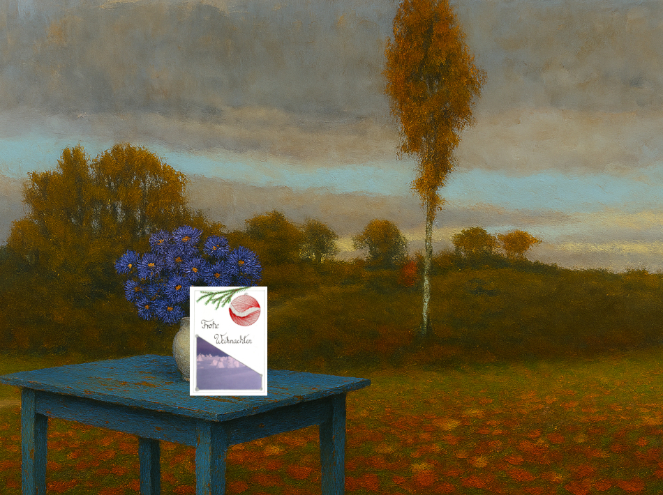 Grußkarte, Fadendesign, blauer Holztisch, Marie Bock, Herbstbild, blaue Herbstastern, weiße Vase, Landschaft, Birke,