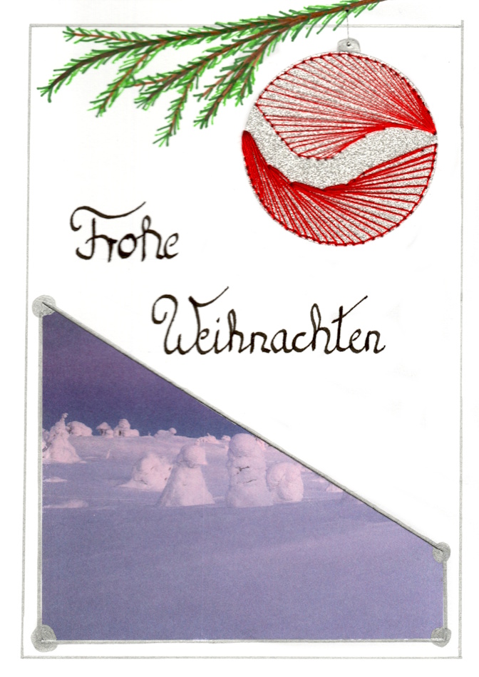 Designerkarte, Designer Karte, Grafik, Kunst, Fadenbild, Fadengrafik, kunstvoll, exklusive Faltkarte, Faltkarte, Grußkarte, Fadentechnik, moderne Kunst, Design, Weihnachtskugel, rot, Silber, grüner Tannenzweig,