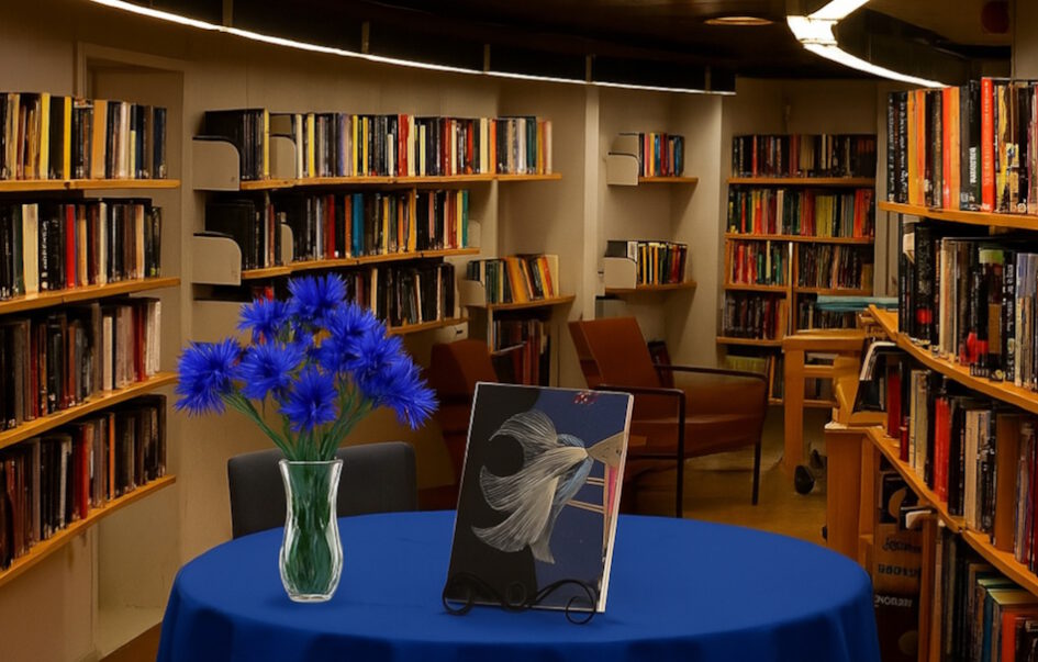 Grußkarte, Fadendesign, Bibliothek, Kornblumen, Glas Vase,