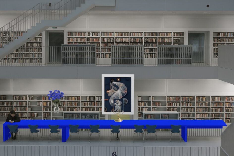 Grußkarte, Fadendesign, Bibliothek, Asterblumen, Glas Vase,