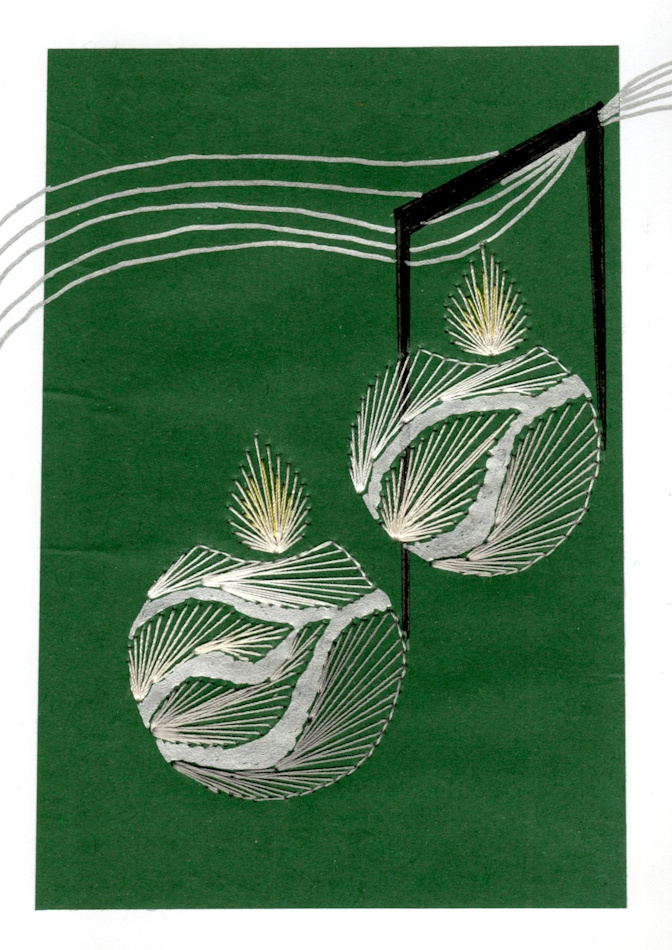Designerkarte, Designer Karte, Grafik, Kunst, Fadenbild, Fadengrafik, kunstvoll, exklusive Faltkarte, Faltkarte, Grußkarte, Fadentechnik, moderne Kunst, Design, Weihnachtskugel, Silber, Kerze, Noten, Musik