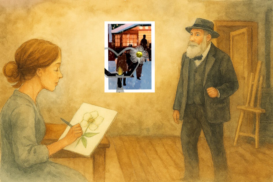Grußkarte, Fadendesign, Atelier, Aquarell, Malerin, Christrose, Claude Monet,