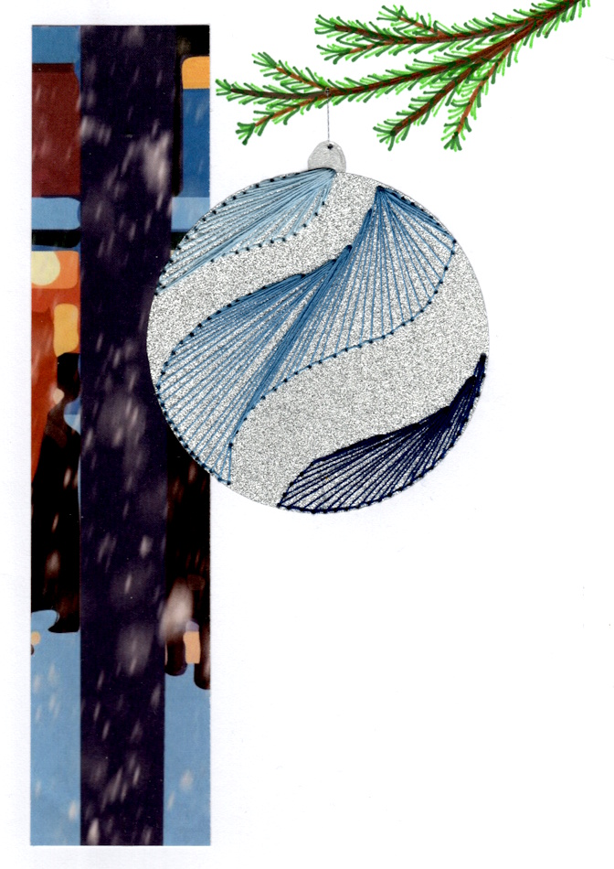 Designerkarte, Designer Karte, Grafik, Kunst, Fadenbild, Fadengrafik, kunstvoll, exklusive Faltkarte, Faltkarte, Grußkarte, Fadentechnik, moderne Kunst, Design, Weihnachtskugel, Silber, blau, Tannenzweig,