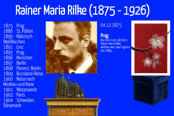 Rainer Maria Rilke, Lebenslauf, Grußkarte, Fadendesign, Kirschblüte am Ast, Kirche in Prag, 3d,