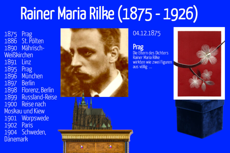 Rainer Maria Rilke, Lebenslauf, Grußkarte, Fadendesign, Kirschblüte am Ast, Kirche in Prag, 3d,