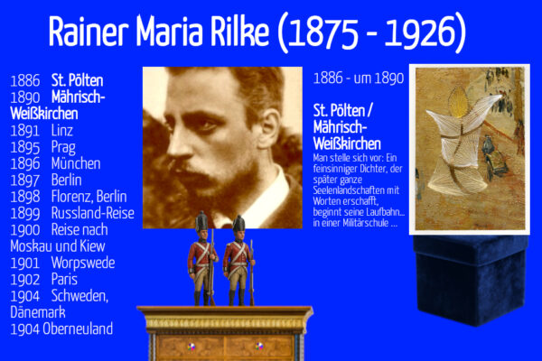 Grußkarte, Fadendesign, Kerze im Morgensonnenlicht, Rainer Maria Rilke, Biografie, St. Pölten, Soldaten, Spielzeug, Zinnsoldaten,