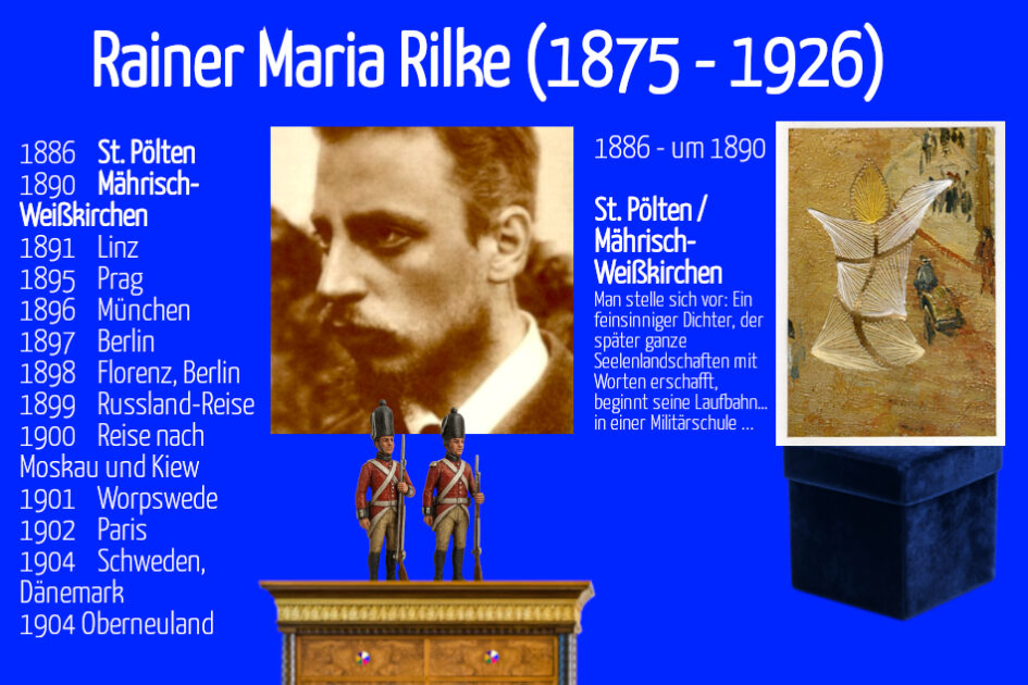 Grußkarte, Fadendesign, Kerze im Morgensonnenlicht, Rainer Maria Rilke, Biografie, St. Pölten, Soldaten, Spielzeug, Zinnsoldaten,