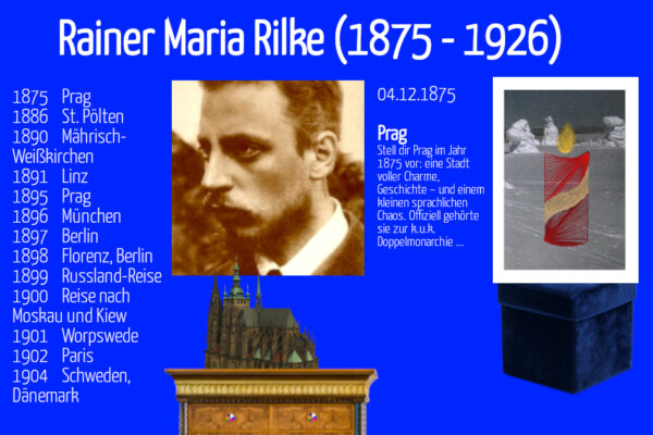 Rainer Maria Rilke, Lebenslauf, Grußkarte, Fadendesign, Adventskerze im Schnee, Kirche in Prag, 3d,