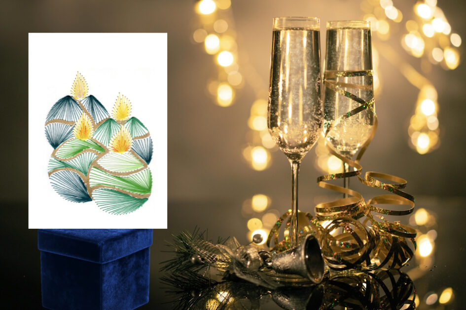 Grußkarte, Fadendesign, Lichter, Sektgläser, Glöckchen, Samtverpackung, edel, Goldband,
