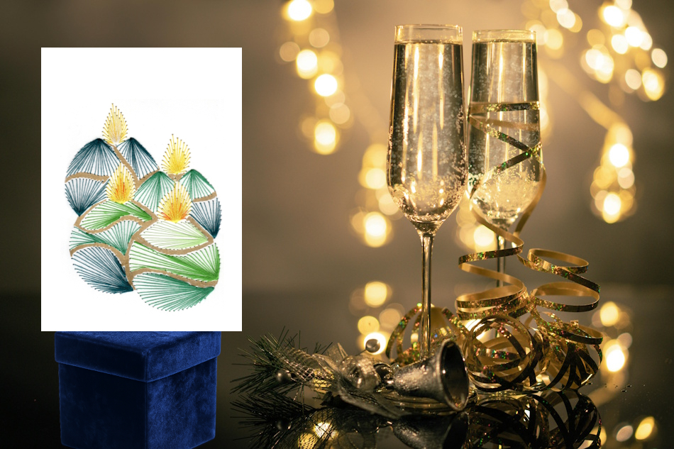 Grußkarte, Fadendesign, Lichter, Sektgläser, Glöckchen, Samtverpackung, edel, Goldband,