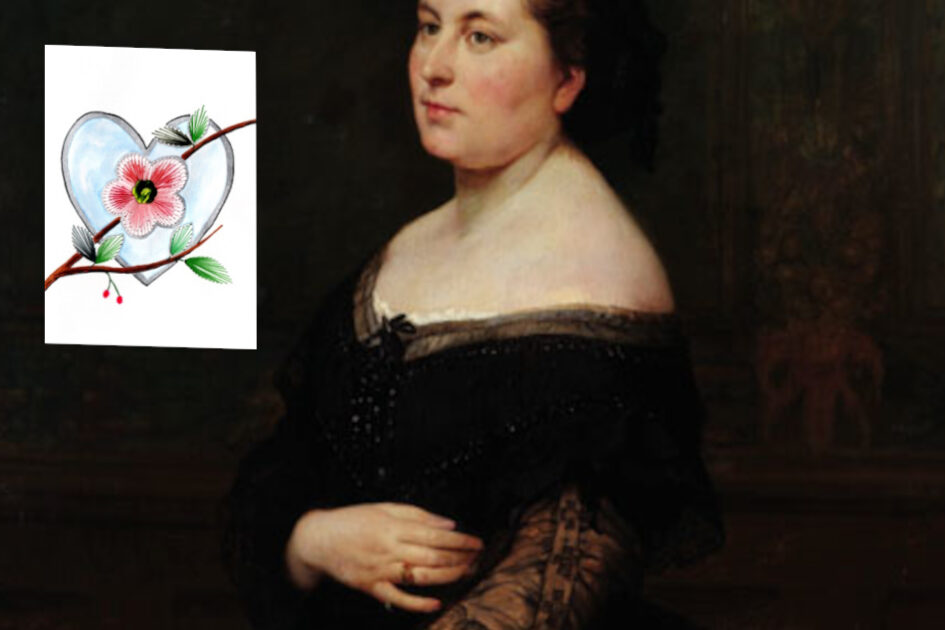 Grußkarte, Fadendesign, Kirschblüte, Herz, Porträt einer Frau, Marie Wiegmann,