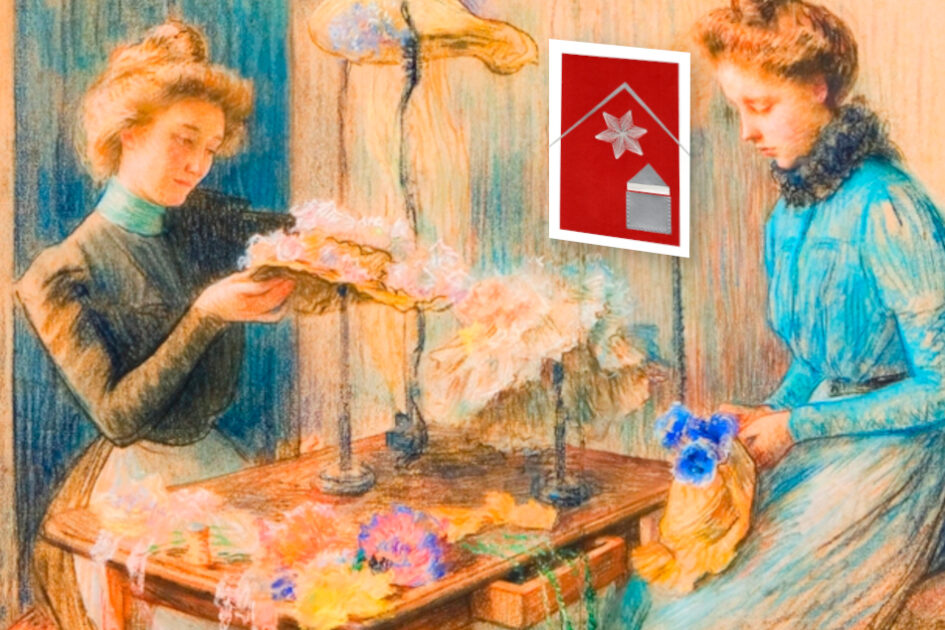 Kunstkalender, Les modistes the Milliners (1899), Gemälde von Louise-Cathérine Breslau, Grußkarte, Fadendesign, Haus vom Nikolaus,