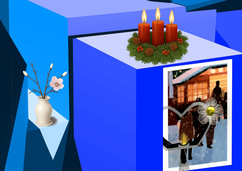 Kalender, Mit Rilke durch das Jahr, Grußkarte, Fadendesign, blau, Perspektive, Geometrie, geometrische Figuren, Adventskranz, Adventskerzen, weiße Vase, Christrose, Herz, Adventszeit,