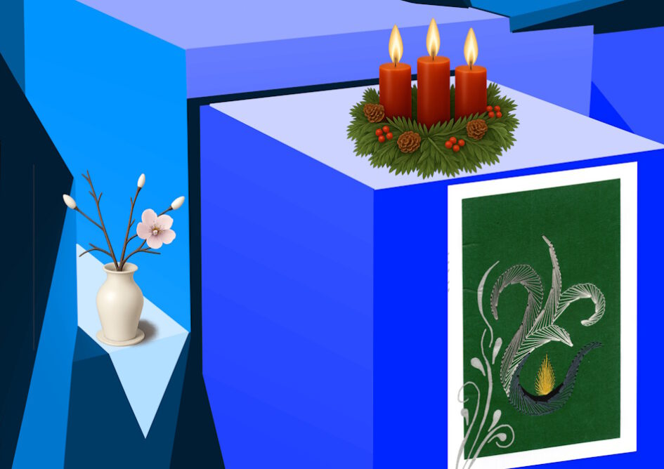 Kalender, Mit Rilke durch das Jahr, Grußkarte, Fadendesign, blau, Perspektive, Geometrie, geometrische Figuren, Adventskranz, Adventskerzen, weiße Vase, Kerze, Blüte,