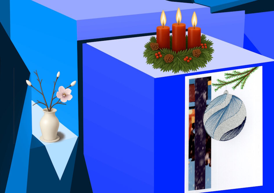 Kalender, Mit Rilke durch das Jahr, Grußkarte, Fadendesign, blau, Perspektive, Geometrie, geometrische Figuren, Adventskranz, Adventskerzen, weiße Vase, Kerze, Weihnachtskugel, blau, silber,