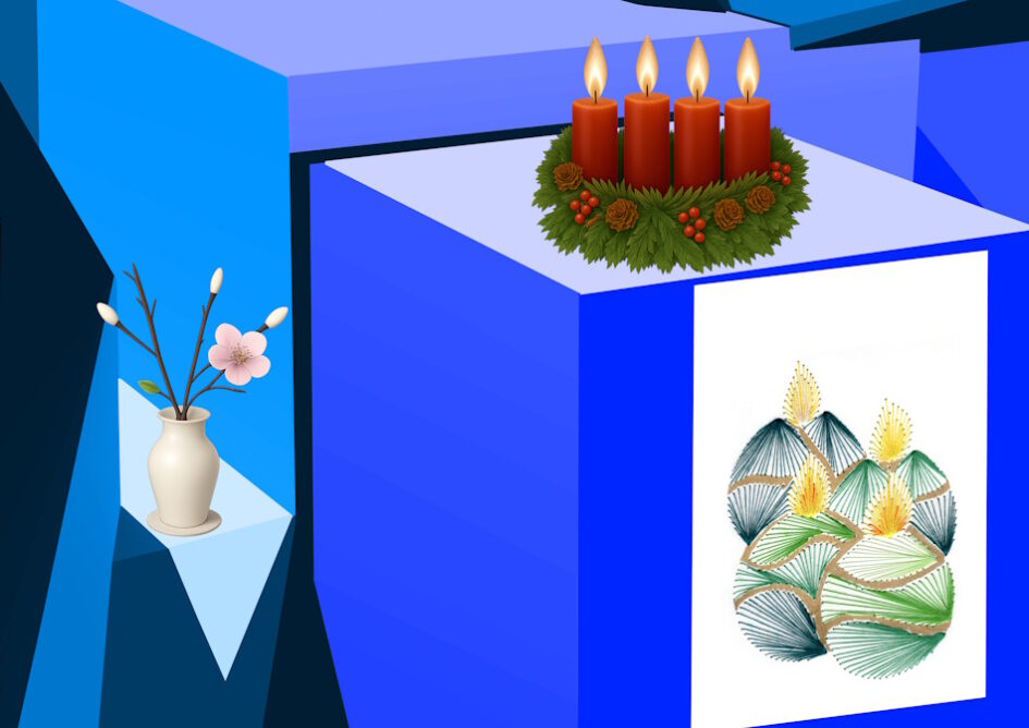 Kalender, Mit Rilke durch das Jahr, Grußkarte, Fadendesign, blau, Perspektive, Geometrie, geometrische Figuren, Adventskranz, Adventskerzen, weiße Vase, Kerzen, grün, 4. Advent,