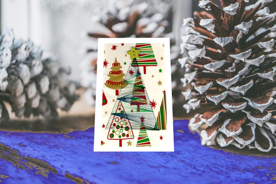 Grußkarte, Fadendesign, Tannenzapfen, blau, Tisch, Vorweihnachtszeit, Advent,