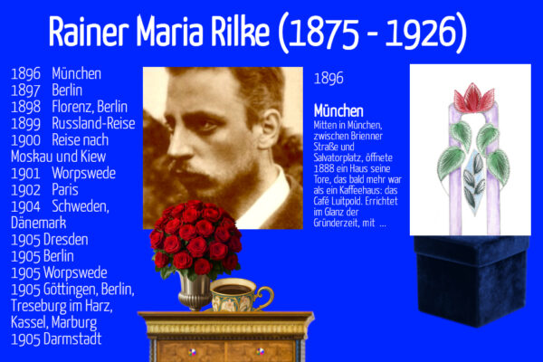 Grußkarte, Fadendesign, Rainer Maria Rilke (Biografisches), Jugendstil Kaffeetasse, rote Rosen, Getragen sein,
