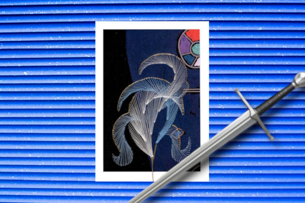 Grußkarte, Fadendesign, Rainer Maria Rilke, blau, Erzählung, Literatur, Federleicht, Schwert,