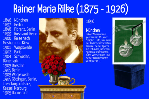 Grußkarte, Fadendesign, Rainer Maria Rilke (Biografisches), Jugendstil Kaffeetasse, rote Rosen, Weihnachtsmusik,