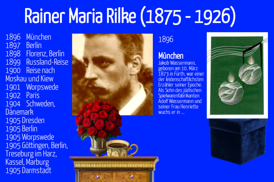 Grußkarte, Fadendesign, Rainer Maria Rilke (Biografisches), Jugendstil Kaffeetasse, rote Rosen, Weihnachtsmusik,