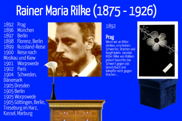 Grußkarte, Fadendesign, Rainer Maria Rilke, Trauerblume Calla, schwarze Vase, Blüte des Lebens