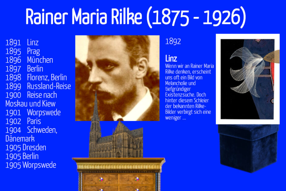 Grußkarte, Fadendesign, Schrank, Kommode, Rainer Maria Rilke, Lebenslauf, Mariendom Linz (Österreich), Schleier,