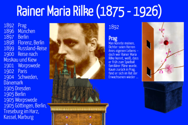 Grußkarte, Fadendesign, Rainer Maria Rilke, Prag, Kirche, Freiheit, Kirschzweig