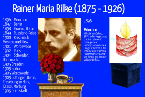 Grußkarte, Fadendesign, Rainer Maria Rilke (Biografisches), Jugendstil Kaffeetasse, rote Rosen, Zauberleuchtturm