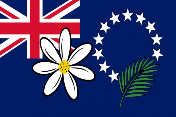 Flagge von den Cookinseln, Sterne, Comicstil, Tiare-Blume, Palmenblatt