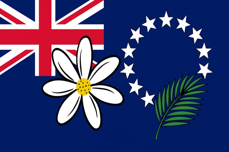 Flagge von den Cookinseln, Sterne, Comicstil, Tiare-Blume, Palmenblatt