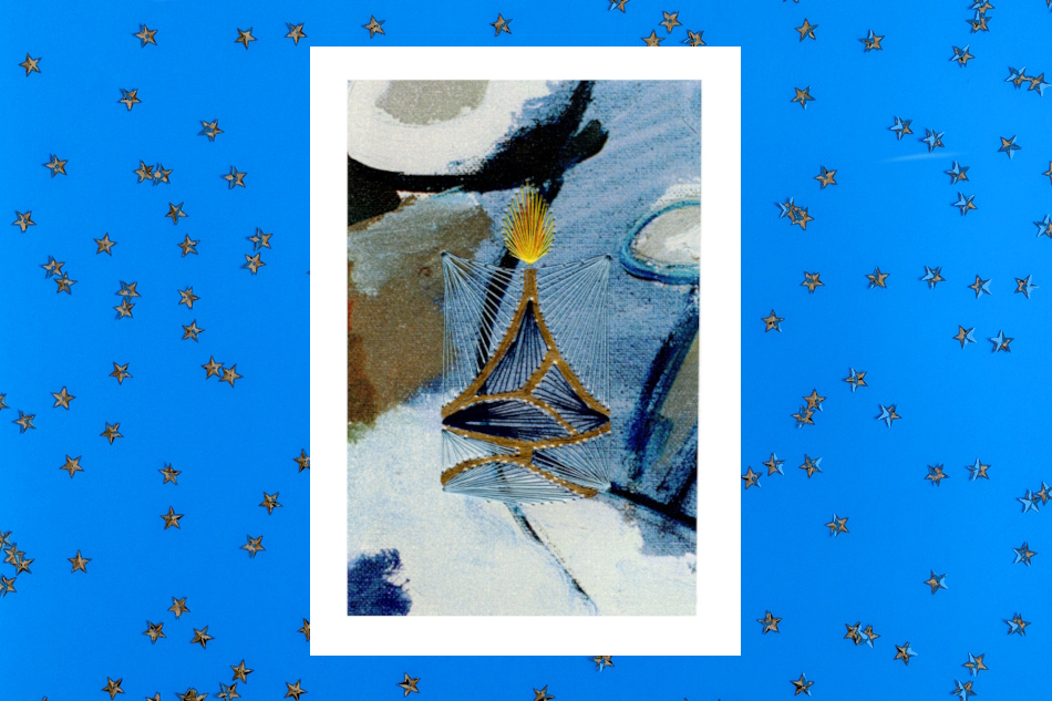 Grußkarte, Fadendesign, Weihnachtstisch, Dekoration, blau, Sterne