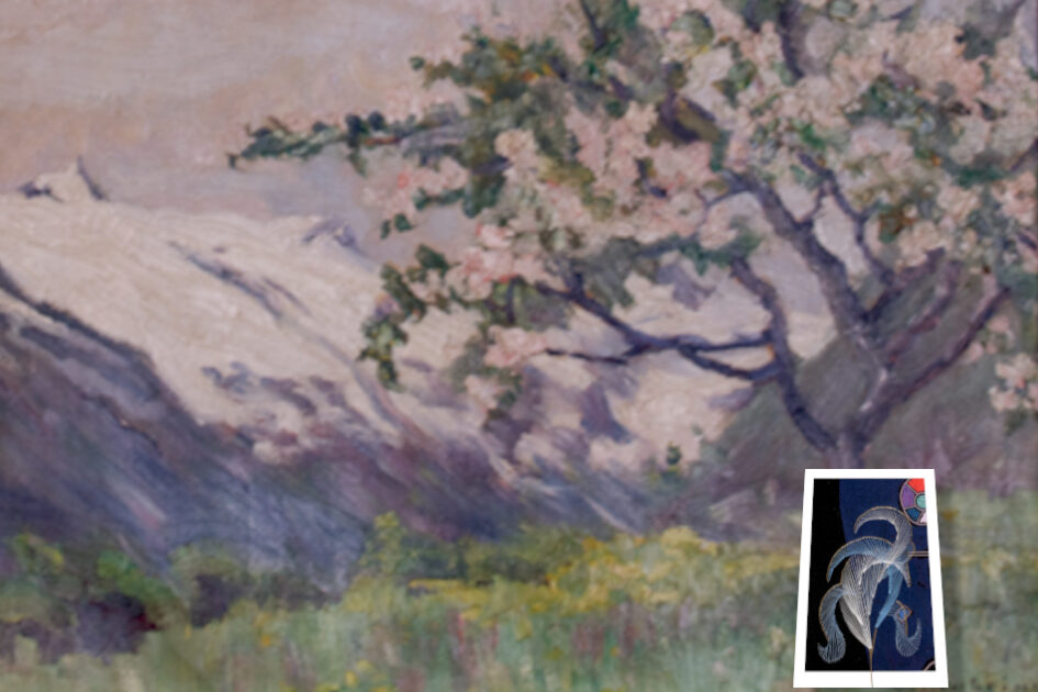 Grußkarte, Fadendesign, Frühling, Landschaft, Gemälde, Baumblüte, Federleicht