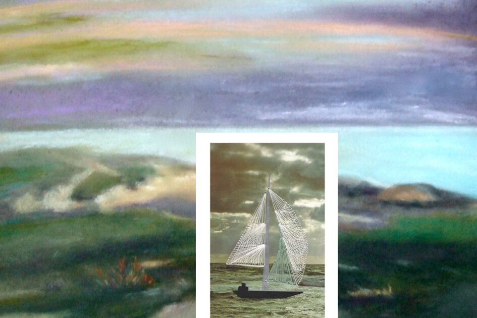 Grußkarte, Fadendesign, Gemälde Hiddensee, Weißes Segelschiff