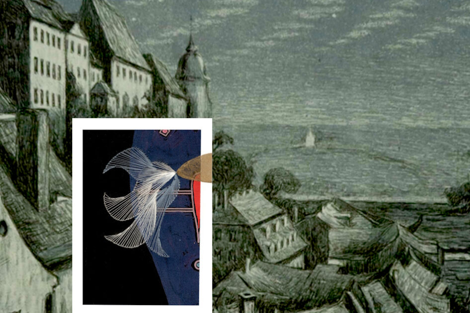 Grußkarte, Fadendesign, Lithografie von Adelheid Kohlschütter (1920), Schleier,