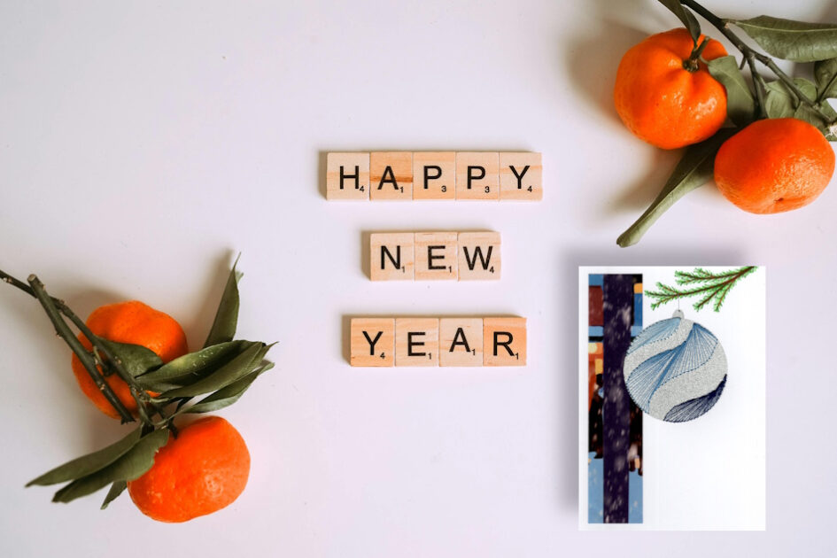 Grußkarte, Fadendesign, Mandarinen, Happy New Year, Weihnachtskugel