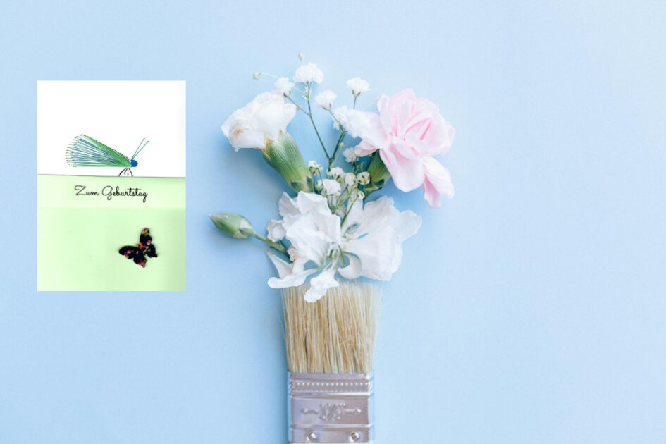 Grußkarte, Fadendesign, hellblau, Pinsel, Blumenstrauß, Treffpunkt der Schmetterlinge