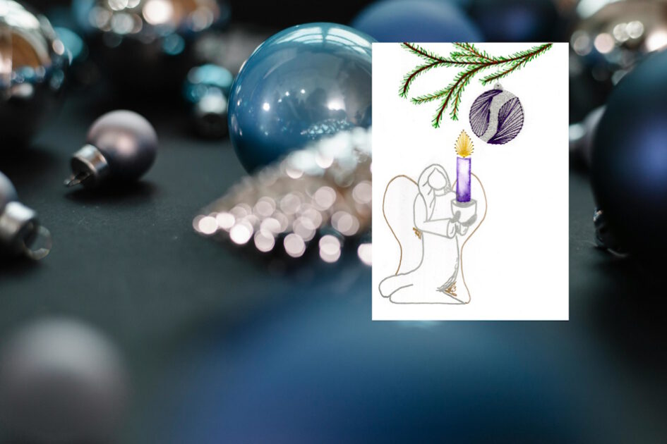 Grußkarte, Fadendesign, blau, Weihnachtskugeln