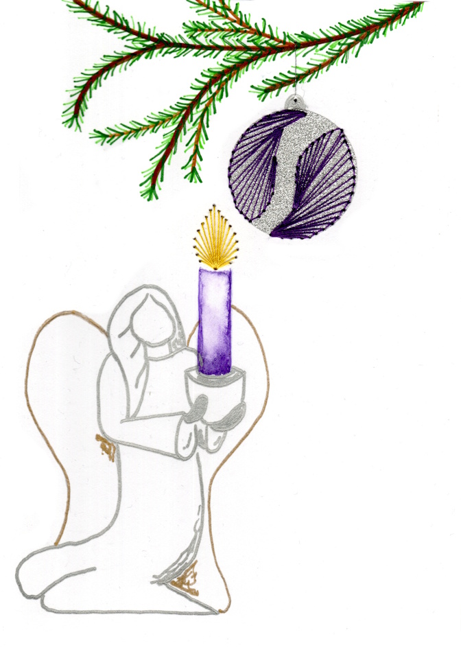 Engel, Kerze, Violett, Weihnachtskugel, Tannenzweig,