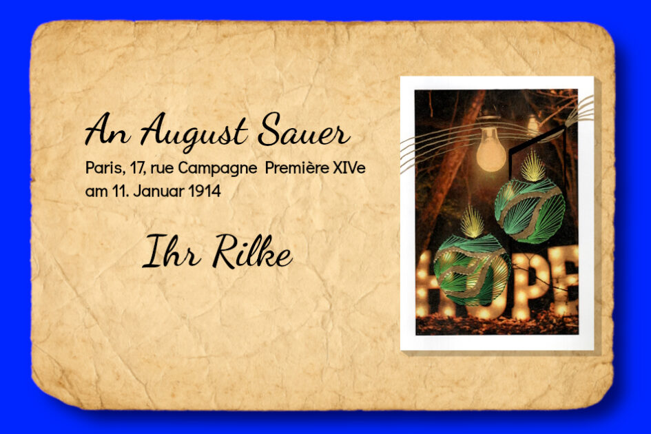 Brief, August Sauer, Grußkarte, Fadengrafik, Hope, altes Papier, verwittert,