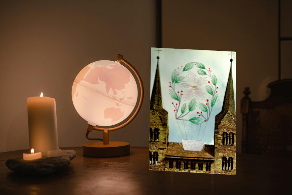 Grußkarte, Fadendesign, Kerzen, Globus, Licht