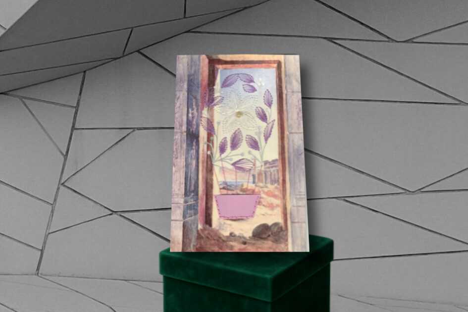 Grußkarte, Fadendesign, Karton, Samt, grün, grau, geometrische Formen, Weltgebetstag der Frauen,