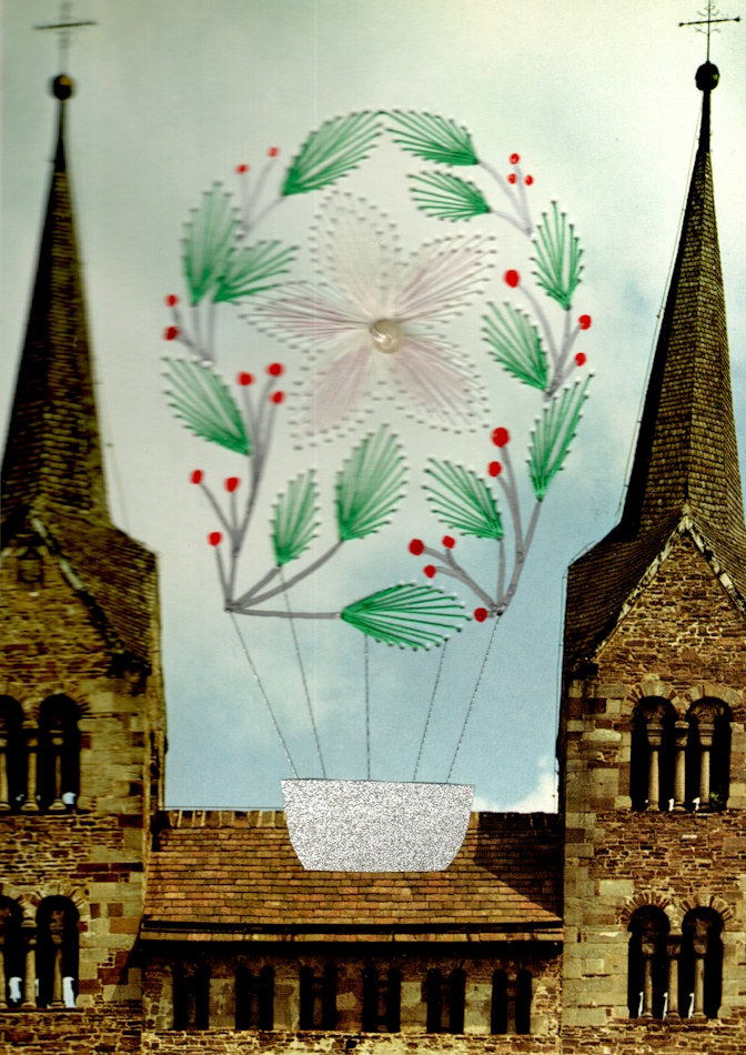 Designerkarte, Designer Karte, Grafik, Kunst, Fadenbild, Fadengrafik, kunstvoll, exklusive Faltkarte, Faltkarte, Grußkarte, Fadentechnik, moderne Kunst, Design, Ballon, Kirchturmspitzen, Blüte, Blätter