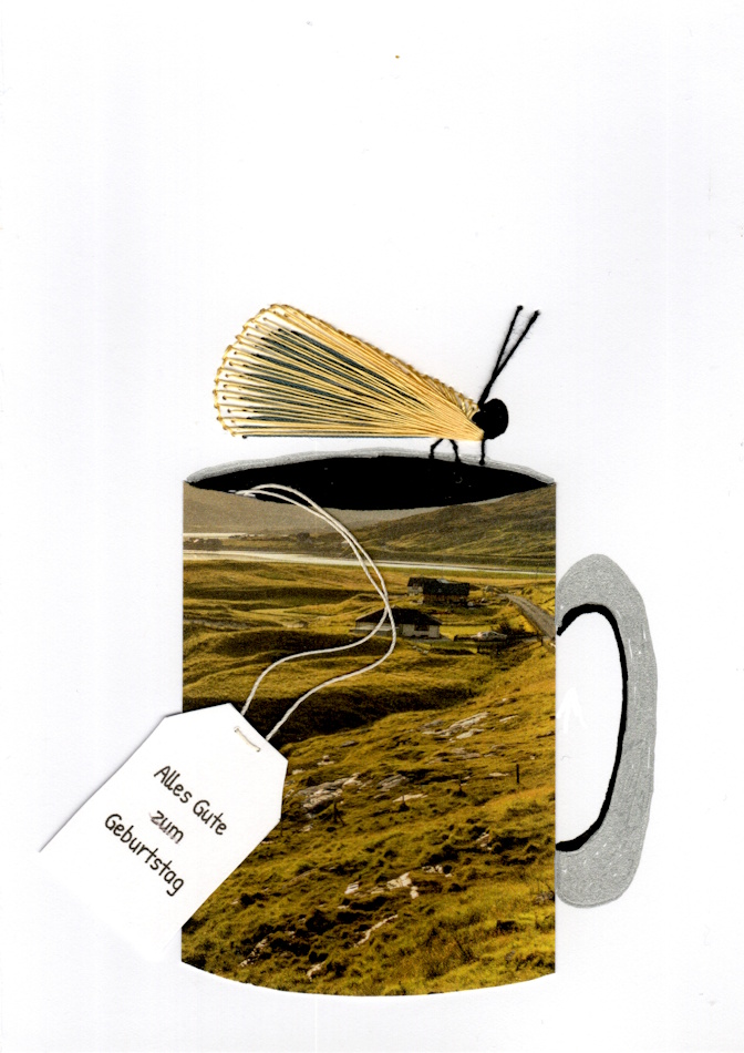 Designerkarte, Designer Karte, Grafik, Kunst, Fadenbild, Fadengrafik, kunstvoll, exklusive Faltkarte, Faltkarte, Grußkarte, Fadentechnik, moderne Kunst, Design, schottische Landschaft, Tasse, Schmetterling