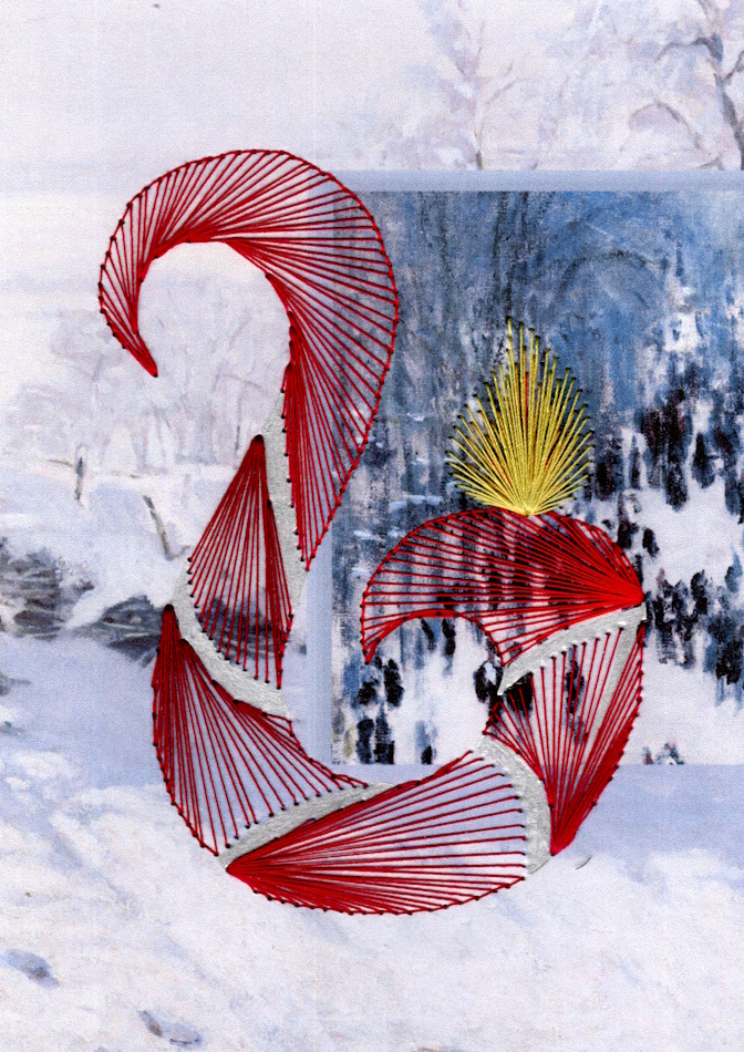 Designerkarte, Designer Karte, Grafik, Kunst, Fadenbild, Fadengrafik, kunstvoll, exklusive Faltkarte, Faltkarte, Grußkarte, Fadentechnik, moderne Kunst, Design, Claude Monet, Winter, Elster, Kerze, rot,