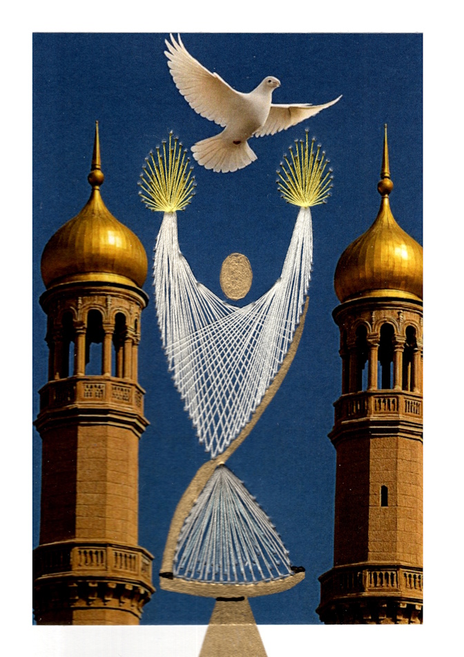 Designerkarte, Designer Karte, Grafik, Kunst, Fadenbild, Fadengrafik, kunstvoll, exklusive Faltkarte, Faltkarte, Grußkarte, Fadentechnik, moderne Kunst, Design, Himmel, goldene Kuppeln, Engel, Kerze, Taube, weiße Taube,