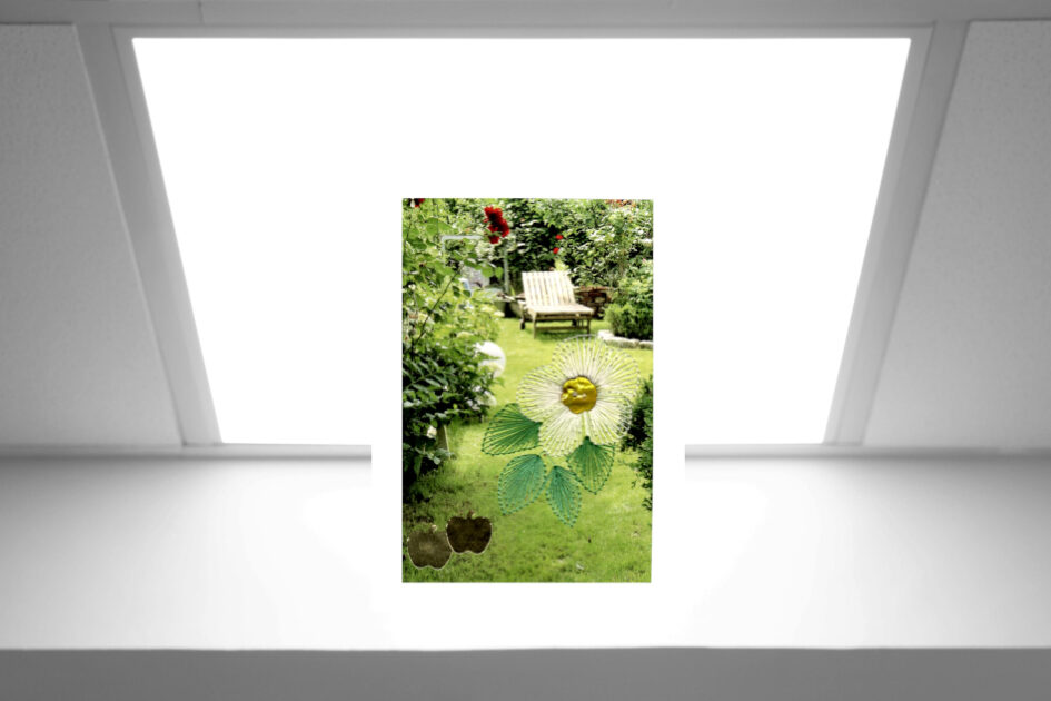 Grußkarte, Fadendesign, heller Raum, Lichtdurchflutet, Dachzimmer, Apfelblüte,